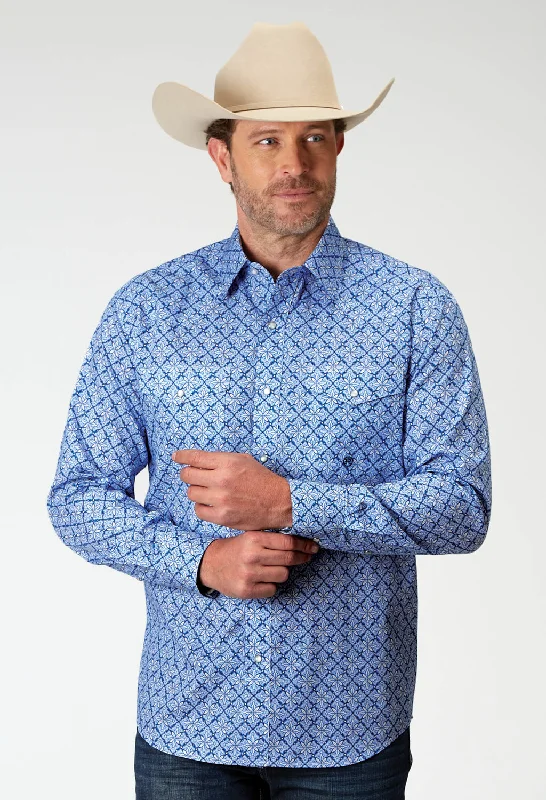 Men's bold patterned shirt-Roper Mens 1932 Skies Tie Blue 100% Cotton L/S Shirt