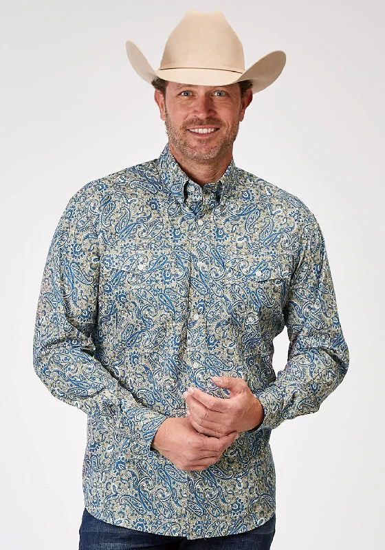 Men's slim oxford shirt-Roper Mens 1933 Delft Paisley Blue 100% Cotton Btn L/S Shirt