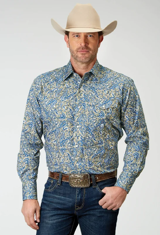 Men's breathable oxford shirt-Roper Mens 1933 Delft Paisley Blue 100% Cotton L/S Shirt