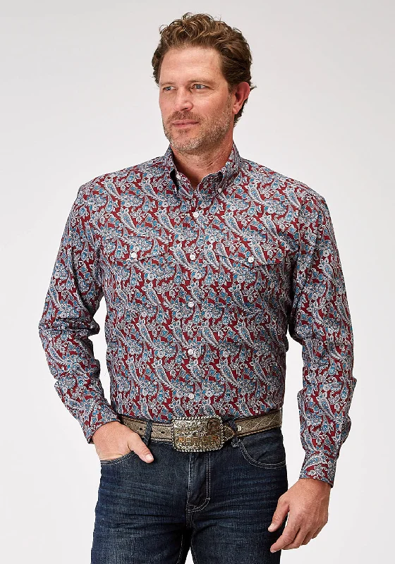 Men's relaxed flannel shirt-Roper Mens 1935 River Paisley Red 100% Cotton Btn L/S Shirt