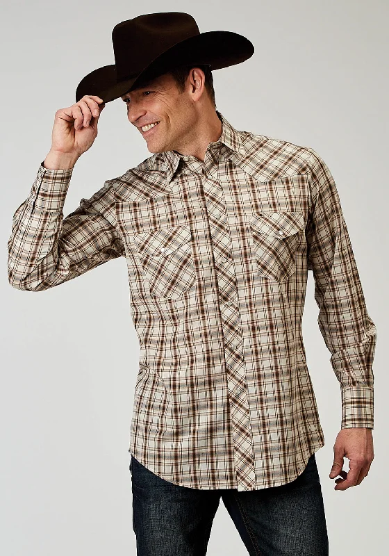 Men's soft cotton dress shirt-Roper Mens 1968 Desert Plaid Brown Cotton Blend L/S Shirt