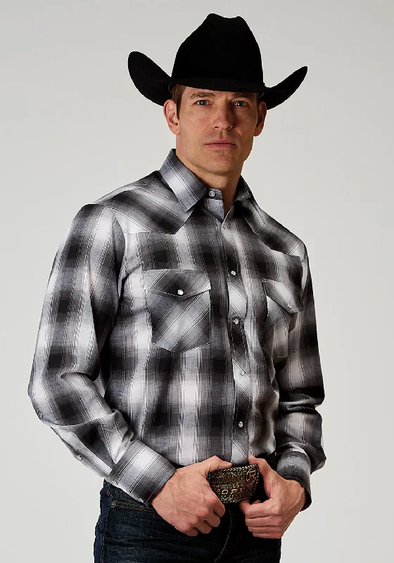 Men's trendy slim shirt-Roper Mens 1972 Plaid Black Cotton Blend L/S Shirt