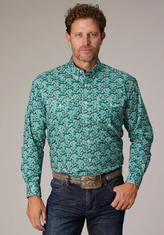 Men's lightweight flannel shirt-Roper Mens 2018 Jade Paisley Green 100% Cotton Btn L/S Shirt