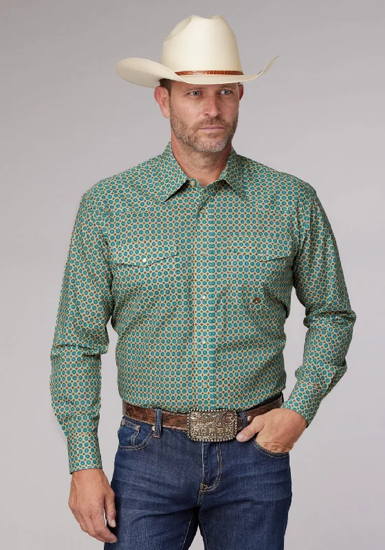 Men's tailored formal shirt-Roper Mens 2021 Sedona Foulard Turquoise 100% Cotton L/S Shirt