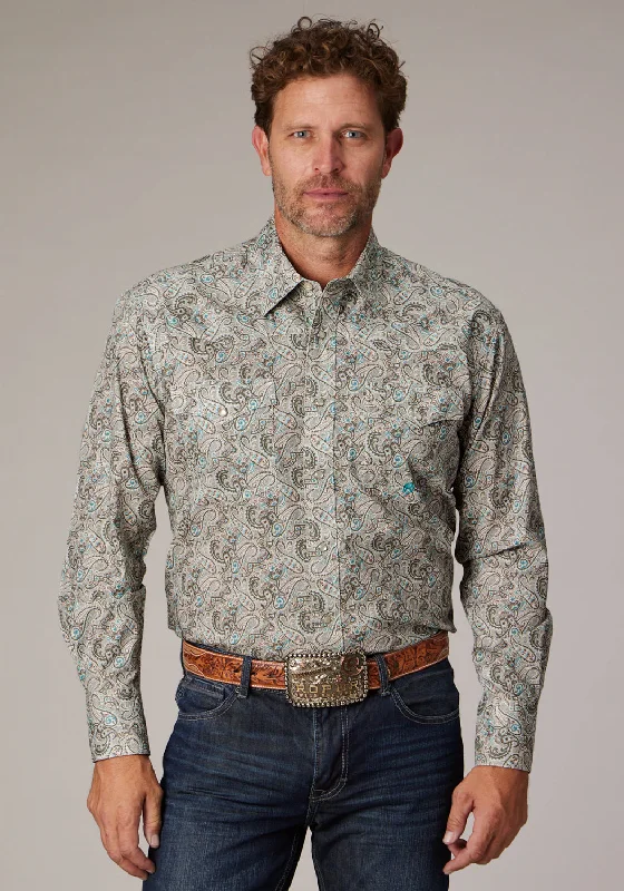 Men's cotton oxford shirt-Roper Mens 2022 Sand Dune Paisley Khaki 100% Cotton L/S Shirt