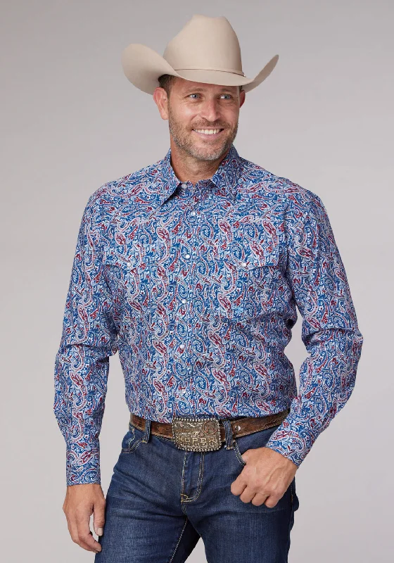 Men's casual denim shirt-Roper Mens 2024 River Paisley Blue 100% Cotton L/S Shirt