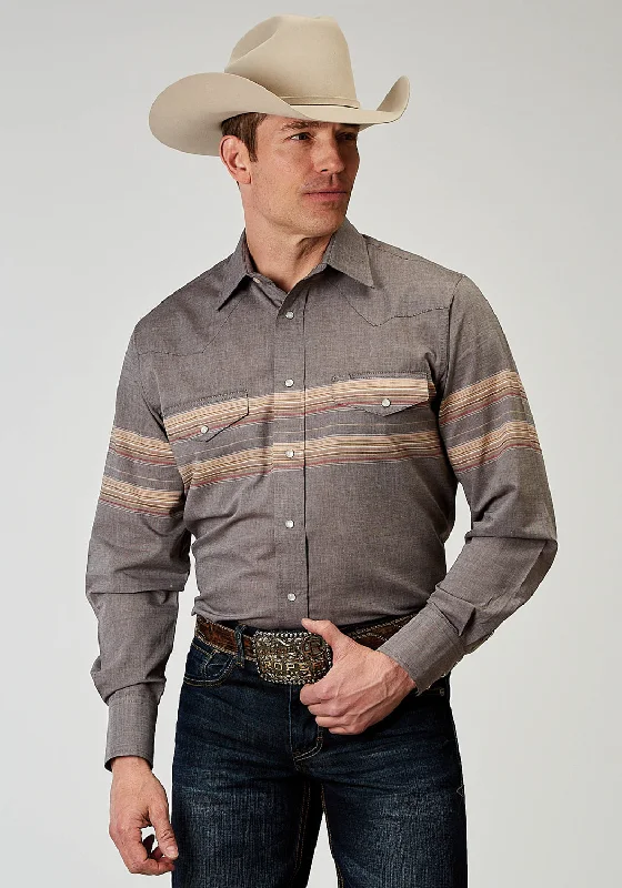 Men's premium plaid shirt-Roper Mens Border Stripe Grey Cotton Blend 55/45 L/S Shirt