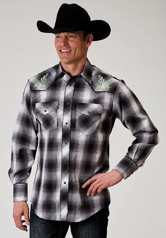 Men's trendy denim shirt-Roper Mens Cactus Plaid Black Cotton Blend L/S Shirt