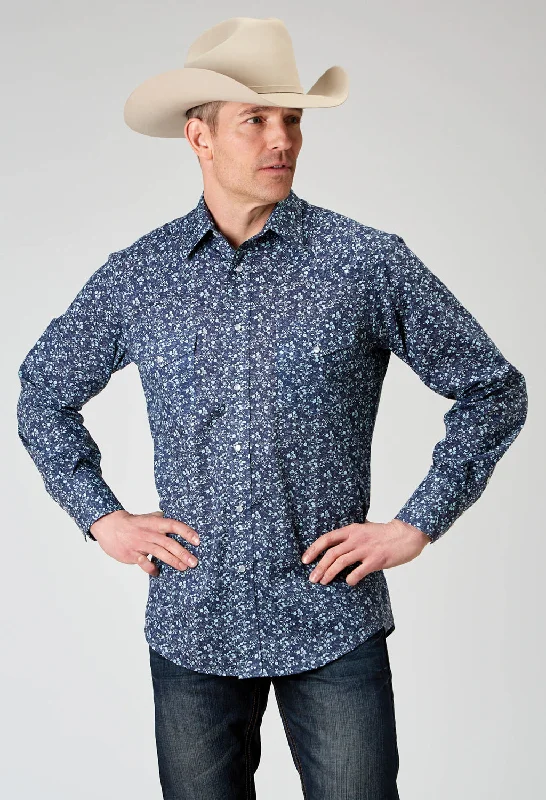 Men's slim fit flannel shirt-Roper Mens Ditsy Floral Blue Cotton Blend L/S Shirt