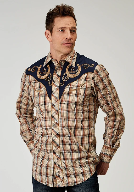 Men's relaxed fit casual shirt-Roper Mens Fancy Yoke Horseshoe Brown Cotton Blend L/S Shirt