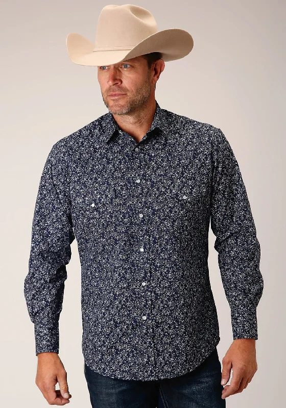 Men's classic plaid shirt-Roper Mens Floral Print Navy Cotton Blend L/S Shirt