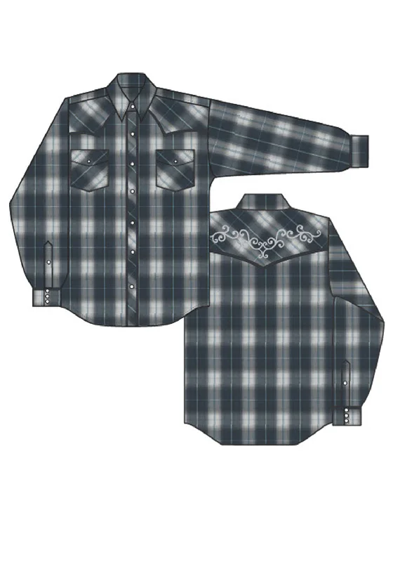 Men's premium plaid shirt-Roper Mens Large Scale Plaid Navy/Grey Cotton Blend L/S Shirt