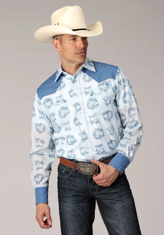 Men's slim business shirt-Roper Mens Multi Floral Print Blue Cotton Blend L/S Shirt