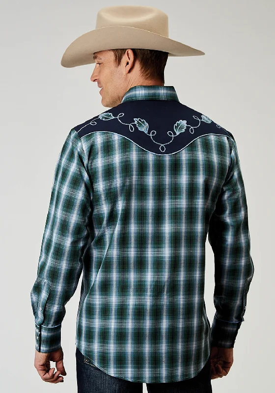 Men's long-sleeve flannel shirt-Roper Mens Ocean Plaid Fancy Blue Cotton Blend L/S Shirt