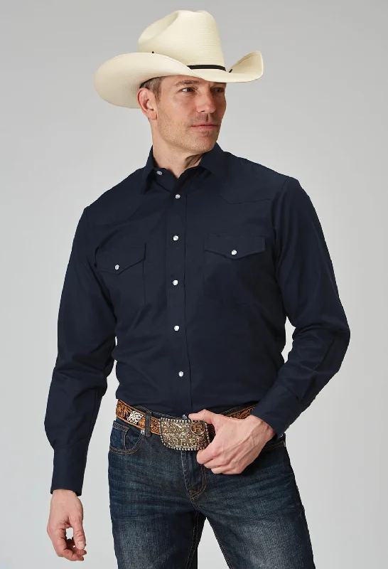 Men's classic cotton shirt-Roper Mens Solid Broadcloth Deep Navy Cotton Blend L/S Shirt