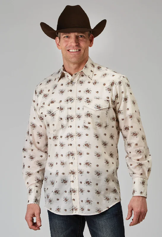 Men's long-sleeve white shirt-Roper Mens Vintage Floral Cream Cotton Blend L/S Shirt