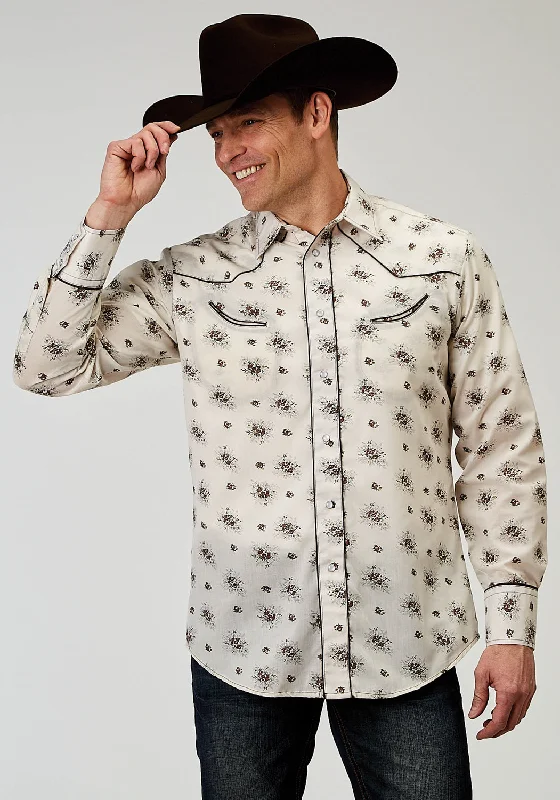 Men's breathable dress shirt-Roper Mens Vintage Floral Fancy Cream Cotton Blend L/S Shirt