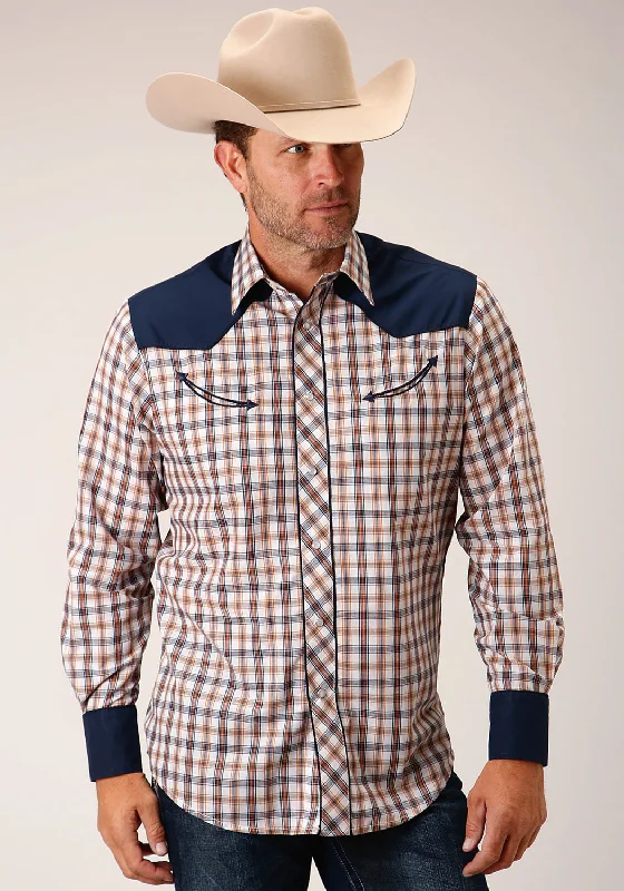 Men's long-sleeve oxford shirt-Roper Mens Windowpane Plaid Fancy Navy/Gold Cotton Blend L/S Shirt