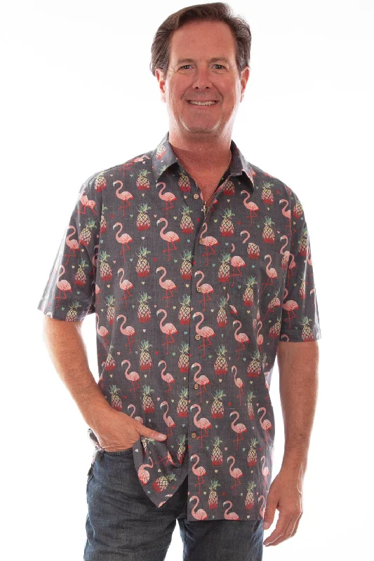 Men's breathable cotton shirt-Scully Mens Black 100% Cotton Hawaiian Flamingo S/S Shirt XL