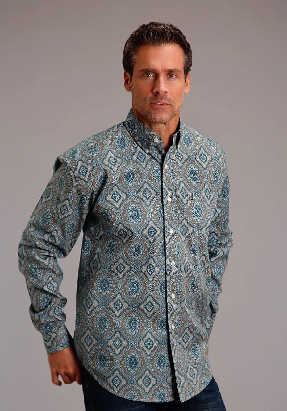 Men's tailored plaid shirt-Stetson Mens 1652 Sierra Paisley Blue 100% Cotton 1 Pkt L/S Shirt