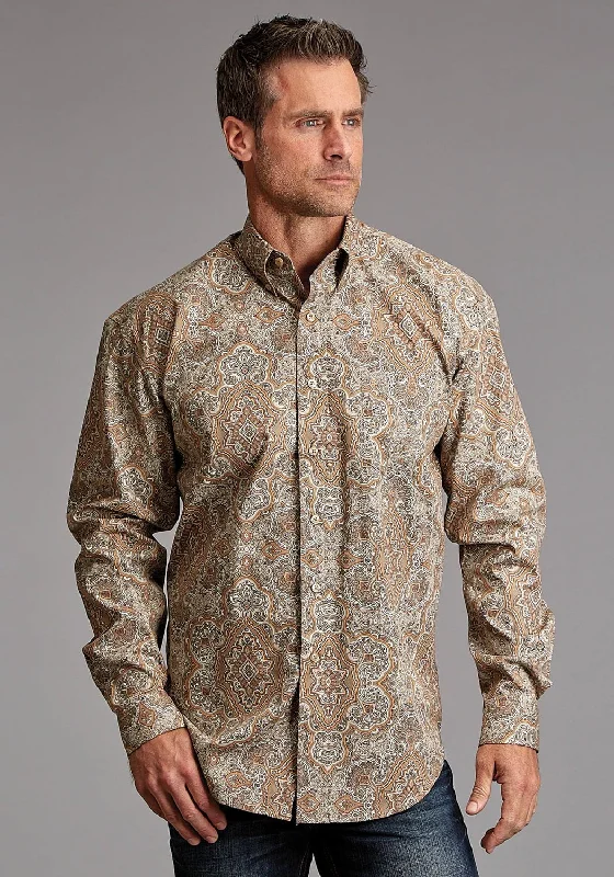 Men's slim casual shirt-Stetson Mens 1921 Desert Paisley Brown 100% Cotton 1 Pkt L/S Shirt