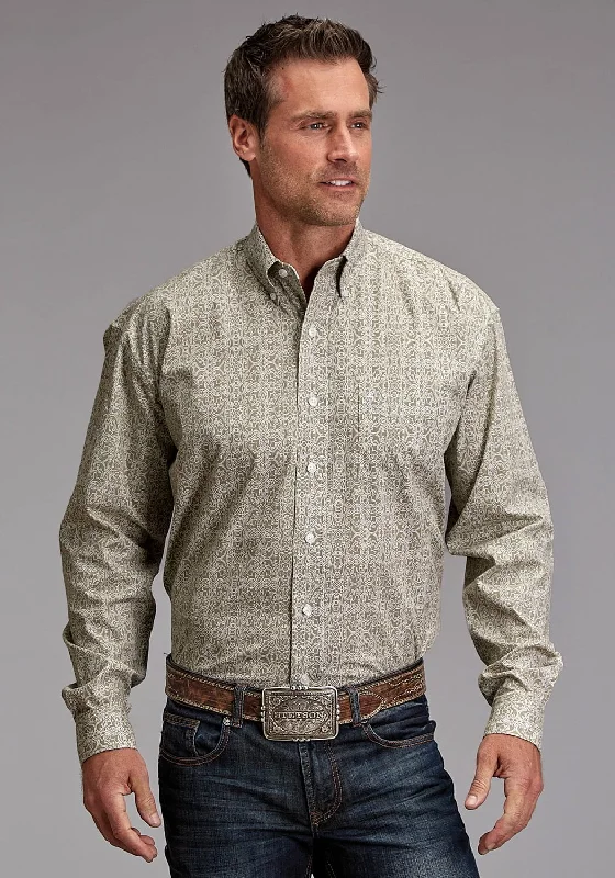 Men's bold checkered shirt-Stetson Mens 1922 Sand Medallion Brown 100% Cotton 1 Pkt L/S Shirt