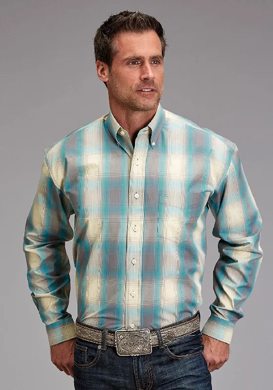 Men's breathable plaid shirt-Stetson Mens 1927 Smoke Plaid Turquoise 100% Cotton 1 Pkt L/S Shirt