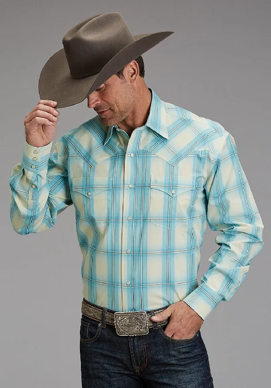 Men's lightweight checkered shirt-Stetson Mens 1929 Ombre Aqua 100% Cotton L/S Shirt