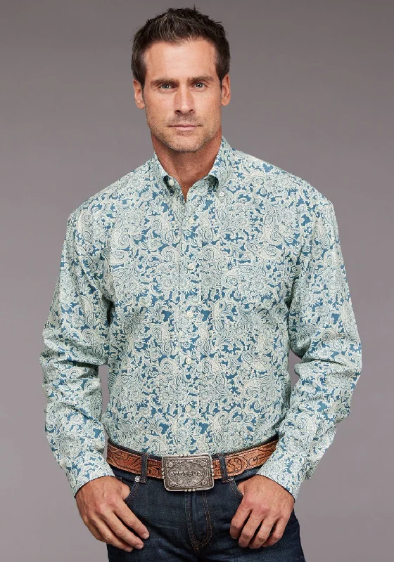 Men's casual striped shirt-Stetson Mens 2034 Tonal Paisley Blue 100% Cotton 1 Pkt L/S Shirt