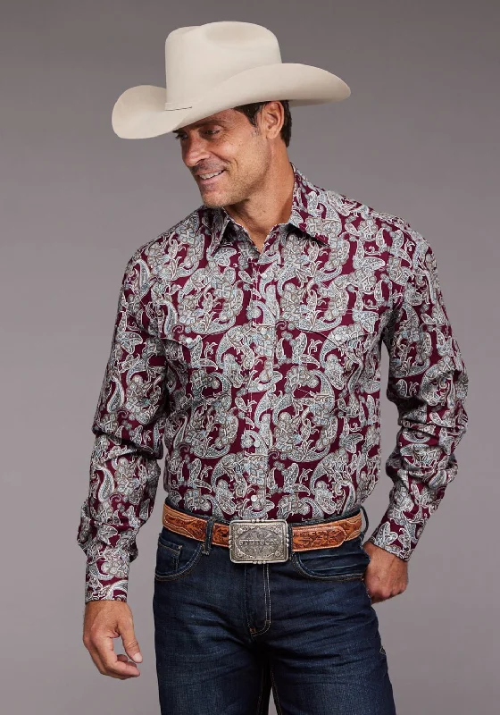 Men's short-sleeve casual shirt-Stetson Mens 2035 Country Paisley Wine 100% Cotton L/S Shirt