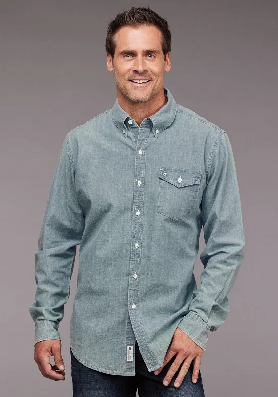 Men's relaxed checkered shirt-Stetson Mens Chambray Button Front Light Blue 100% Cotton 1 Pkt L/S Shirt