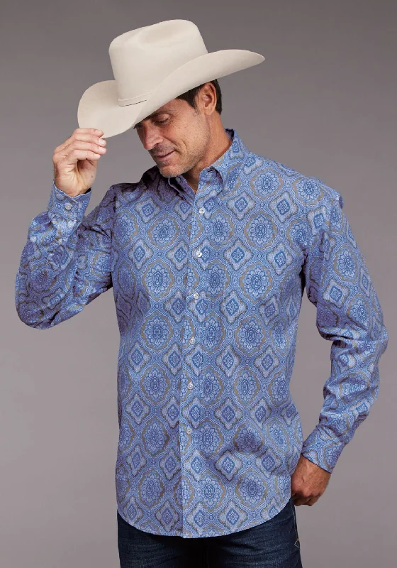 Men's modern checkered shirt-Stetson Mens Chambray Medallion Paisley Blue 100% Cotton 1 Pkt L/S Shirt