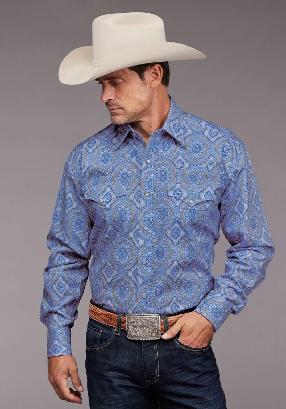 Men's classic formal shirt-Stetson Mens Chambray Medallion Paisley Blue 100% Cotton L/S Shirt