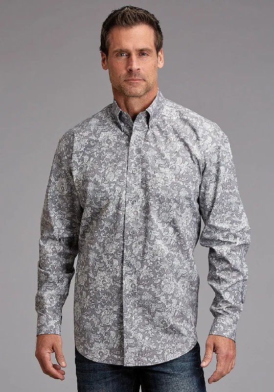 Men's soft checkered shirt-Stetson Mens Silver Spring Paisley Grey 100% Cotton 1 Pkt L/S Shirt