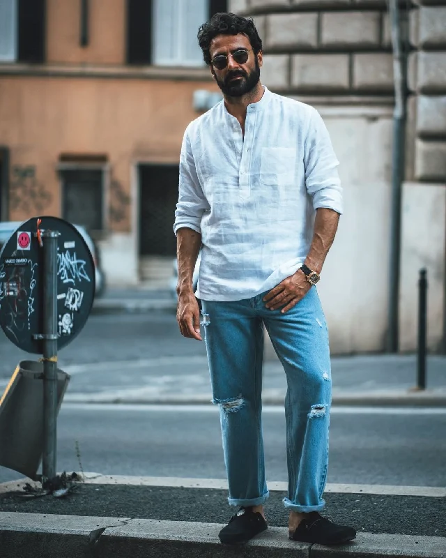 Men's relaxed jogger pants-Fade Washed Light Blue Distressed Jeans