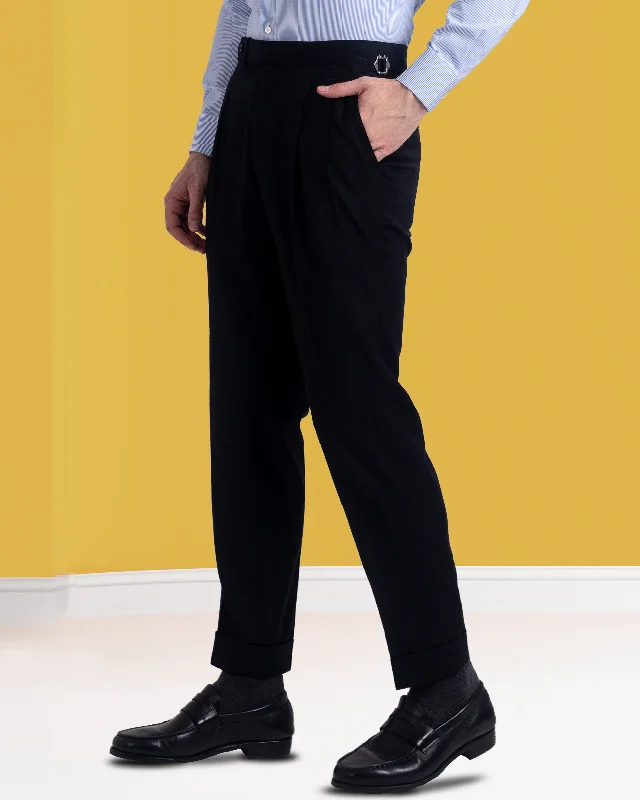 Men's casual straight pants-EZS Pleated Black Washable Wool Pant